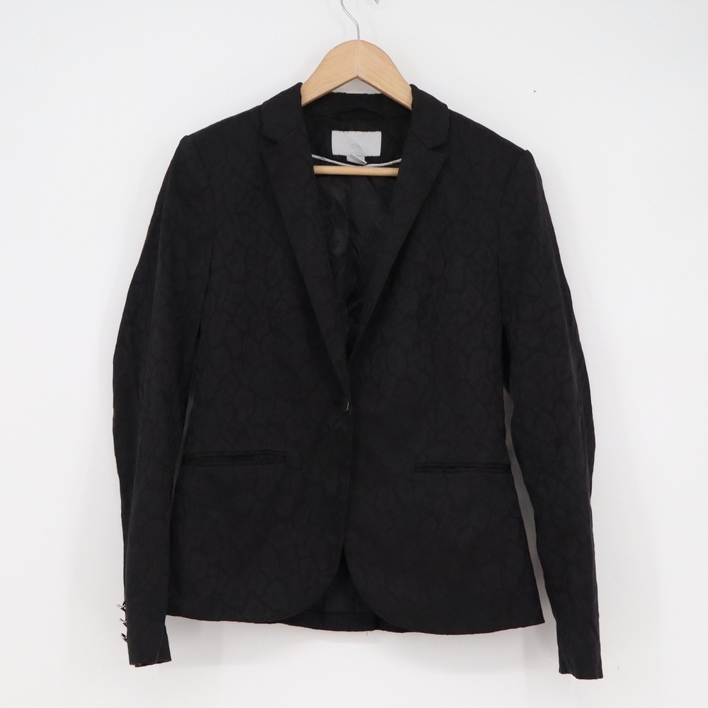 HM Womens Black Jacquard Snakeskin Single Button Blazer Jacket Silver Cuffs Sz 8